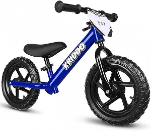 Blue KRIDDO toddler balance bike with black tires and a number plate.
