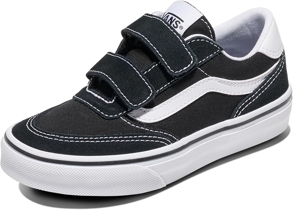 Black canvas toddler skater sneakers with two hook-and-loop straps, white side stripe, and white rubber sole.