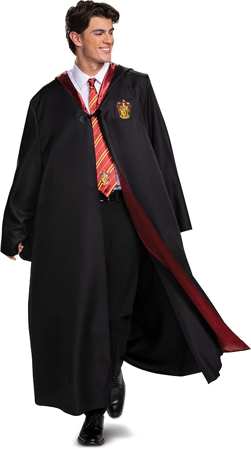 Adult wearing a black wizard school robe with a colored house lining.