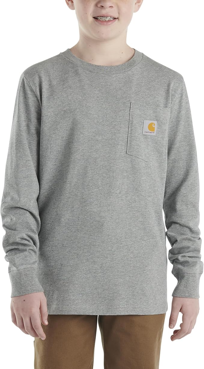 Heather grey Carhartt long sleeve pocket T-shirt for boys with the logo label on the chest pocket.