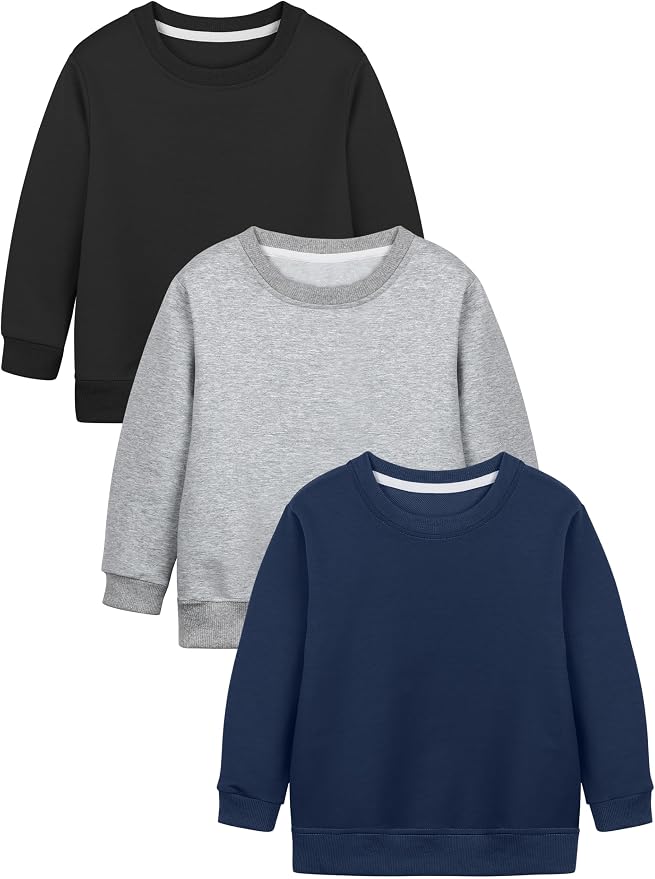 Three toddler crewneck sweatshirts in black, heather gray, and navy.