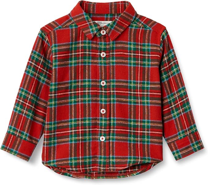 Red holiday tartan toddler button down flannel shirt.
