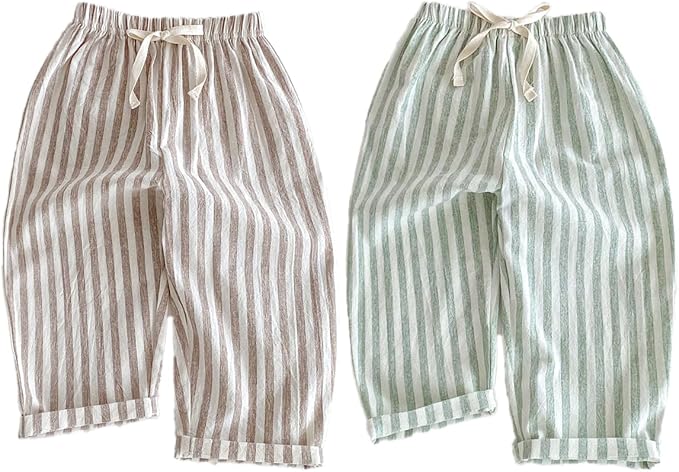 Two pairs of toddler striped pull-on pants with drawstring waists, one tan and white and one sage and white.