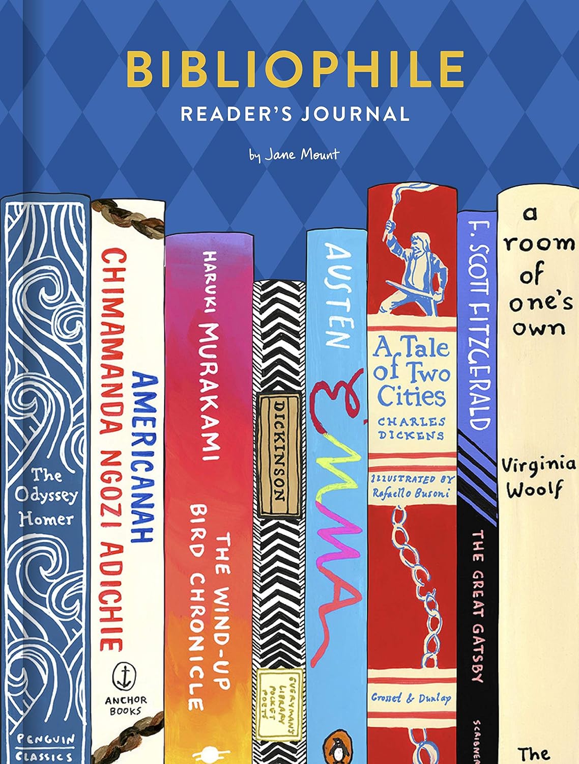 Bibliophile Reader's Journal cover with illustrated book spines on a blue background.