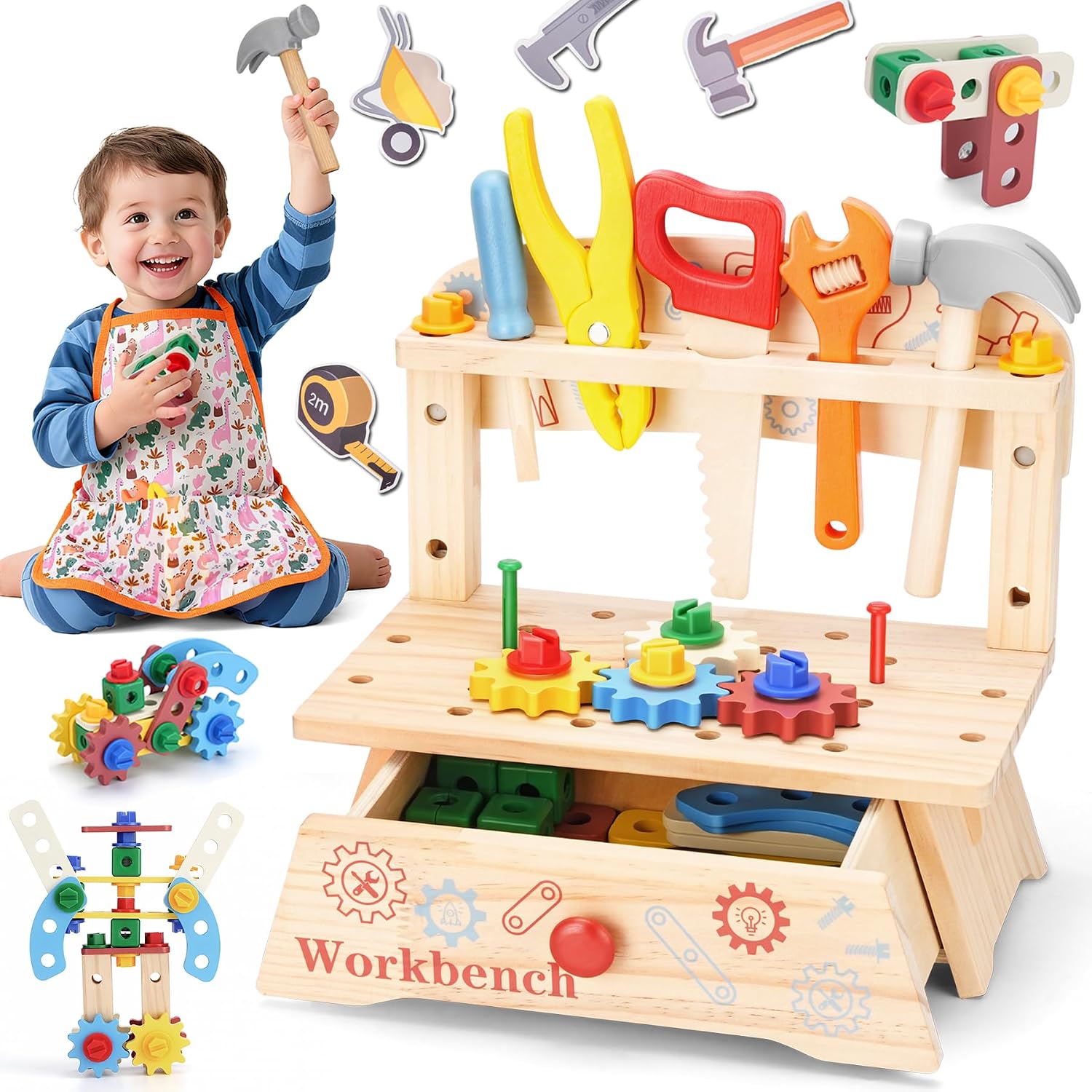 Wooden toddler workbench with toy tools, gears and a drawer, and a smiling toddler holding a hammer.