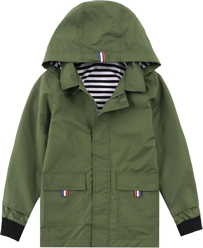 Olive green toddler hooded rain jacket with a striped lining and flap pockets.