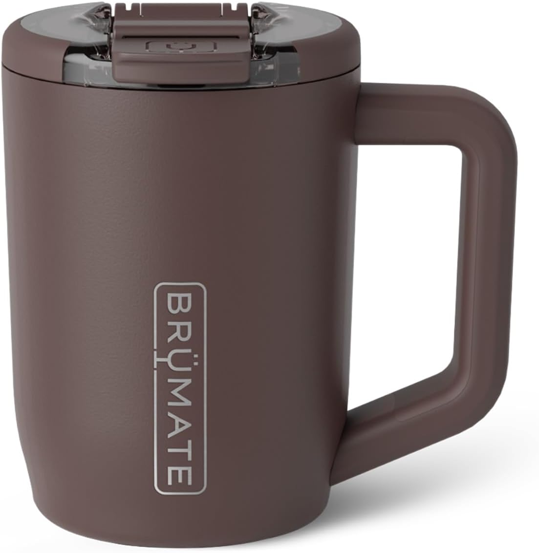 Brown BrüMate insulated coffee mug with a hinged lid and handle.