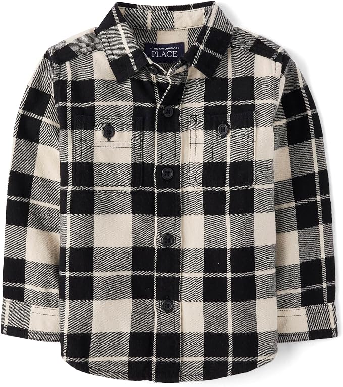 Black and white buffalo plaid toddler flannel shirt with a collar, chest pockets, and black buttons.