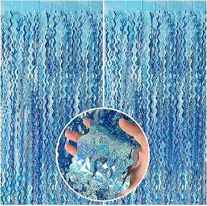 Blue and teal foil fringe curtain backdrop panels.