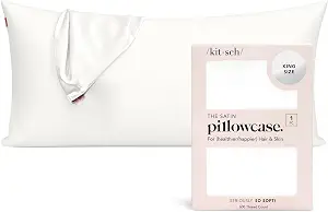 Ivory satin pillowcase next to its Kitsch packaging.