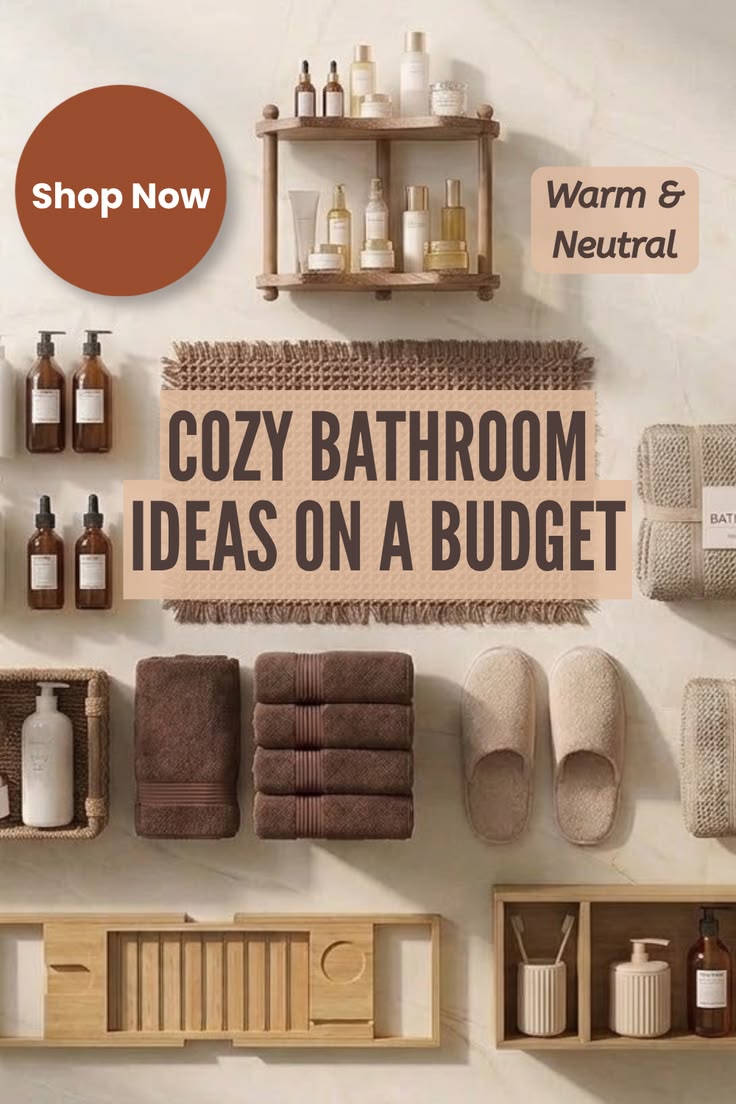 Pin graphic titled 'Cozy Bathroom Ideas on a Budget' showing warm neutral bathroom pieces: a wooden corner shelf, amber bottles, stacked brown towels, slippers, a woven basket, and a bamboo tub tray.