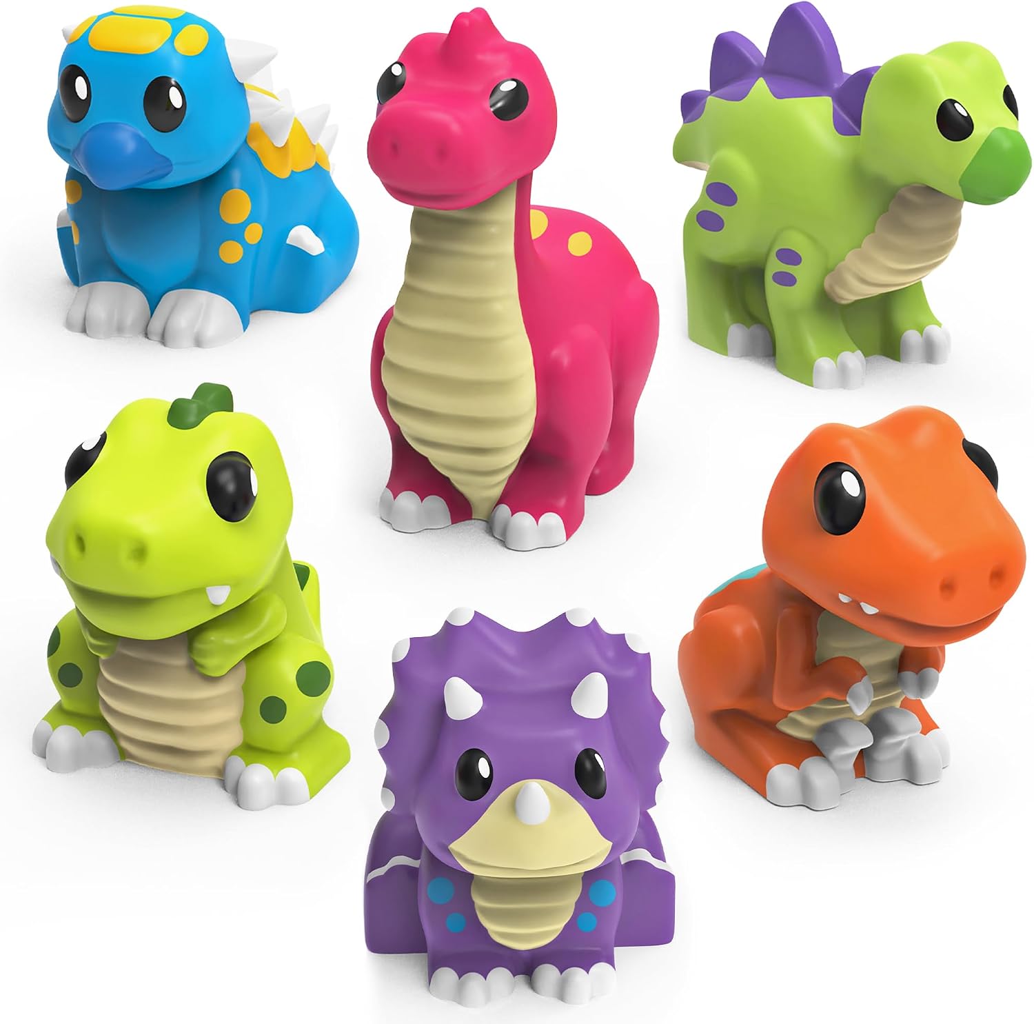 Six colorful dinosaur bath toys.