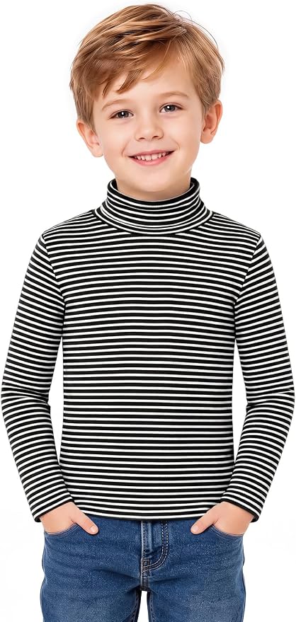Young boy wearing a black and white striped long-sleeve turtleneck with jeans.