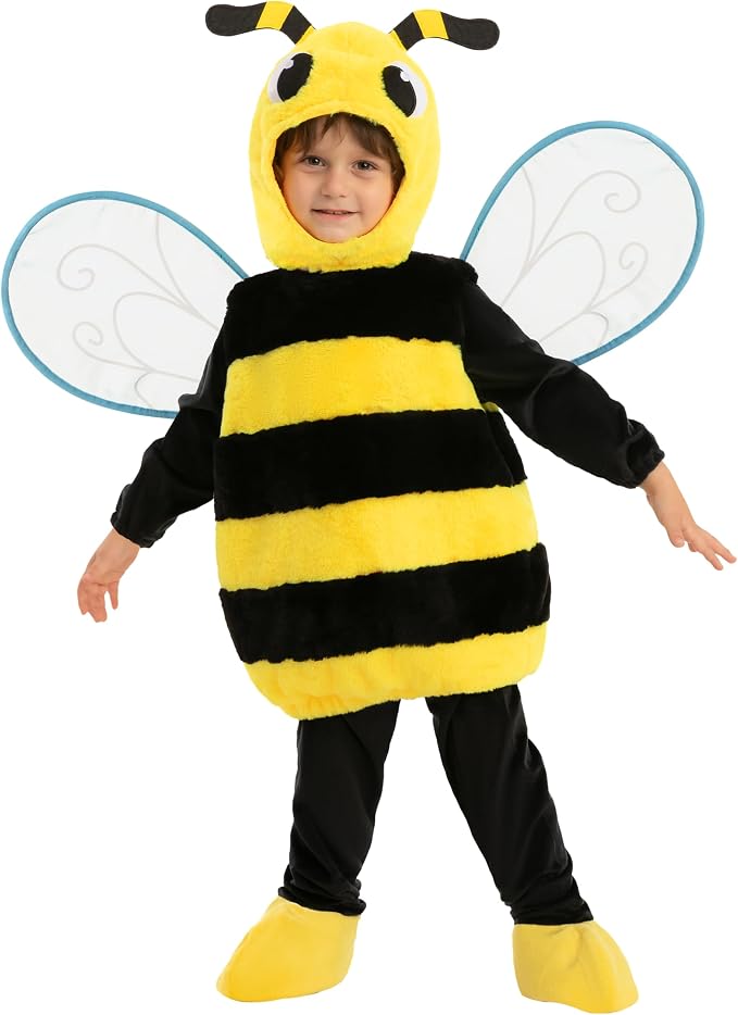 Toddler wearing a plush black and yellow striped bee costume with a hood, antennae, and clear wings.