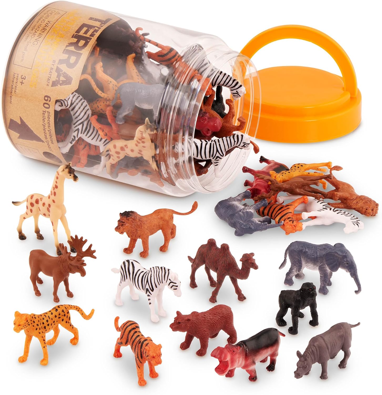 Tube of Terra mini safari animal figures with giraffe, lion, zebra and elephant spilled out.