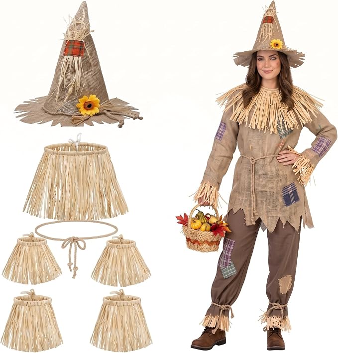 Scarecrow costume set with a burlap hat with sunflower, straw collar, straw cuffs, and a rope belt.