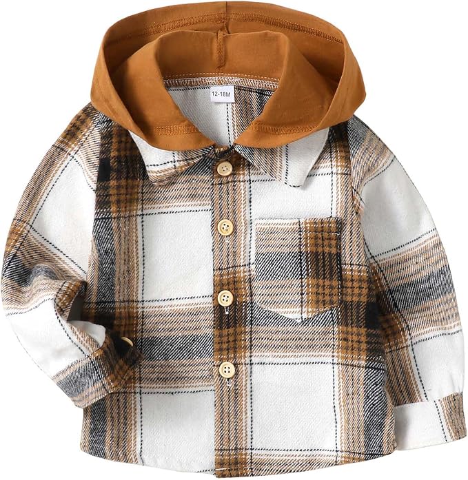 Toddler plaid flannel shacket in cream, brown, and navy with a rust hood and wooden buttons.