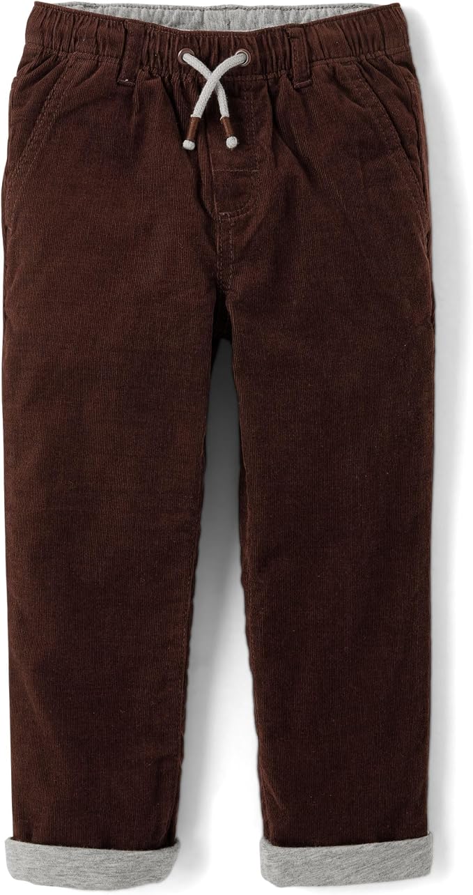 Dark brown toddler corduroy pull on pants with drawstring.