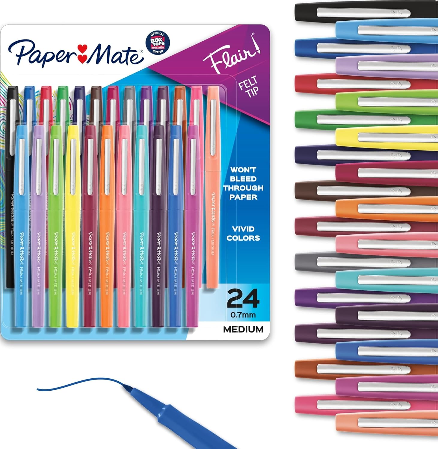 Paper Mate Flair felt tip pens in assorted colors next to the retail package.