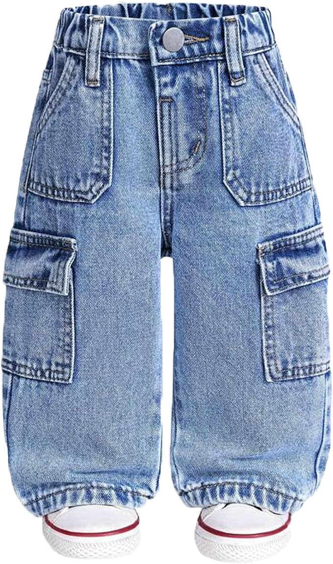 Light wash baggy toddler cargo jeans with side pockets and elastic cuffs.