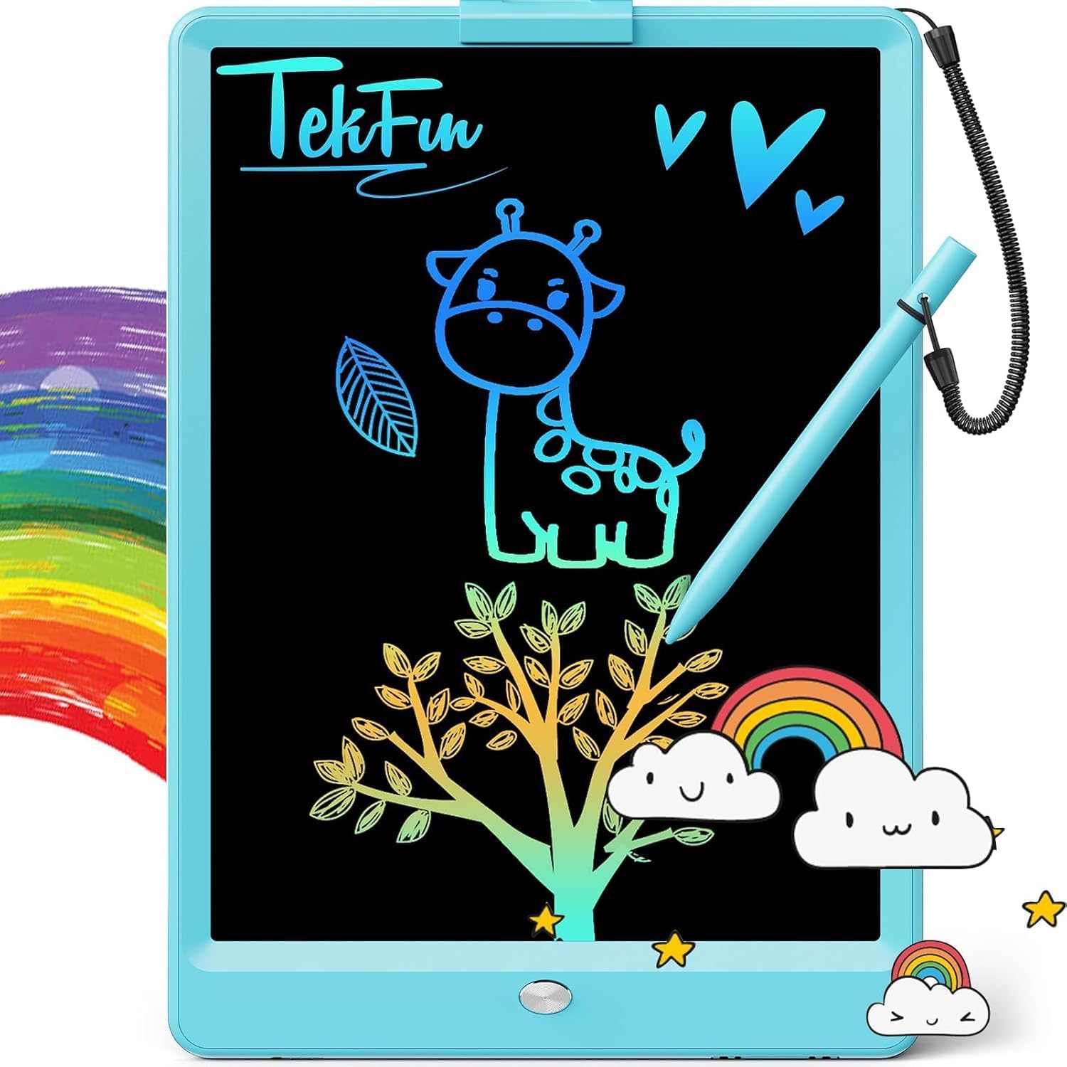 Blue LCD writing tablet with a colorful giraffe and tree drawing on the screen and an attached stylus.