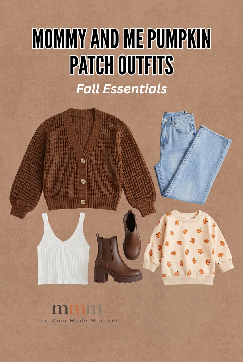 Pin graphic titled 'Mommy and Me Pumpkin Patch Outfits: Fall Essentials' showing a brown chunky knit cardigan, light wash wide leg jeans, a white ribbed tank, brown chelsea ankle boots, and a cream toddler sweatshirt with an orange pumpkin print.