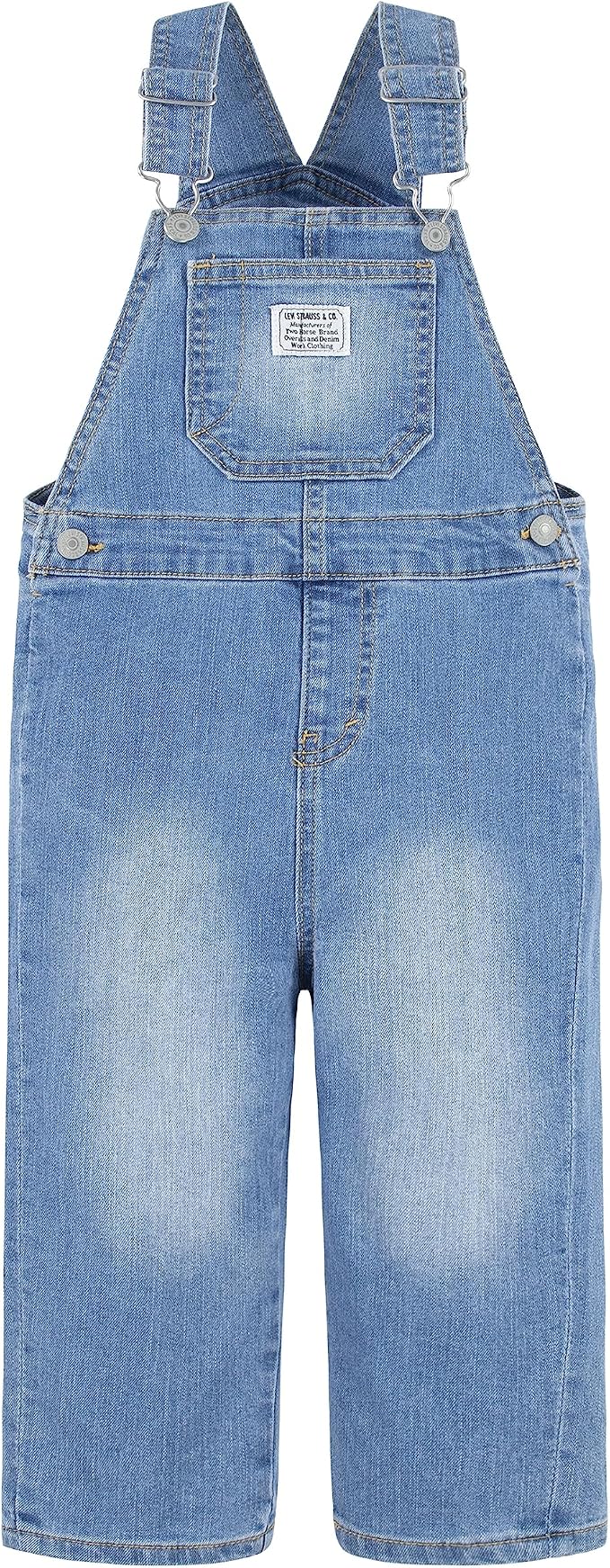 Light wash Levi's toddler denim overalls with metal clasp straps and a front bib pocket.