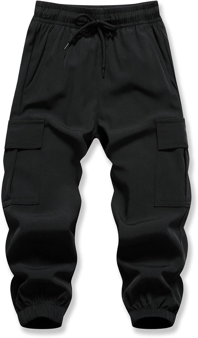 Black cargo joggers with a drawstring elastic waist, side cargo pockets, and elastic cuffs.