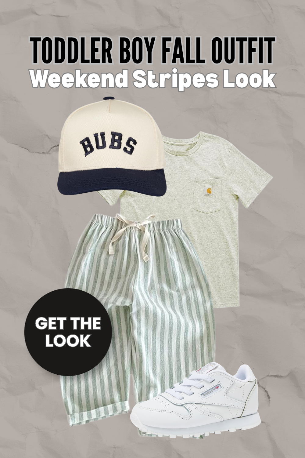 Pin graphic titled 'Toddler Boy Fall Outfit: Weekend Stripes Look' showing a cream and navy BUBS trucker cap, a heathered sage pocket tee, sage and white striped drawstring pants, and white low-top sneakers.
