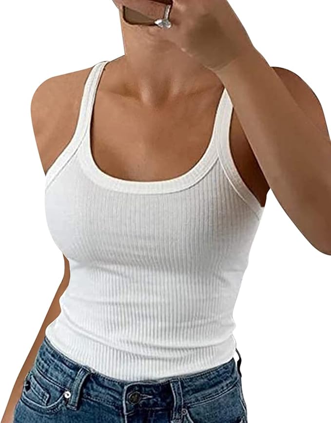 White ribbed scoop neck tank top worn with jeans.
