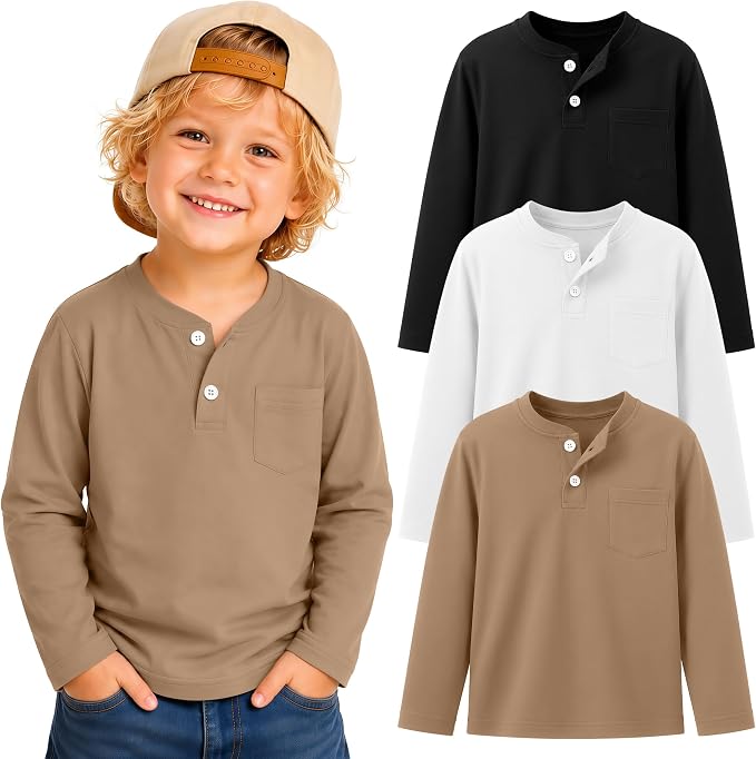 Toddler long sleeve henley shirts in khaki, white, and black, shown folded beside a young boy wearing the khaki one.