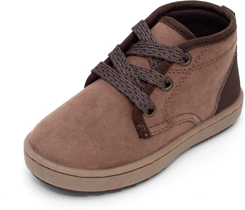 Brown suede toddler chukka boot with brown laces and a tan rubber sole.