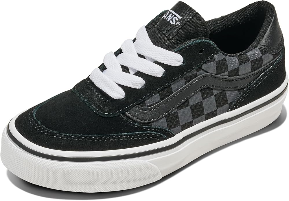 Black and grey checkerboard Vans low-top sneaker with white laces and a white rubber sole.