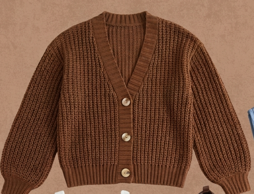 Brown chunky knit open front cardigan with wooden buttons laid flat on a warm tan background.