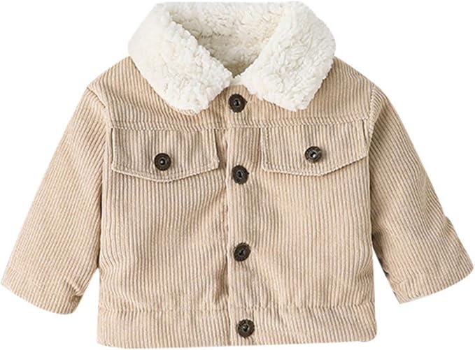 Beige toddler corduroy chore jacket with a cream sherpa collar, button front, and chest pockets.