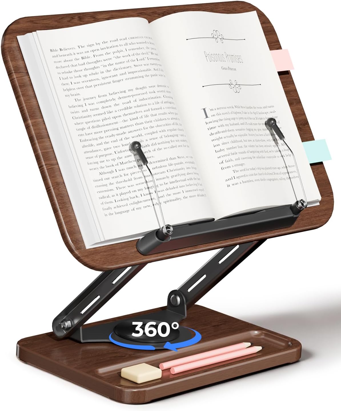 Dark wood adjustable book stand holding an open book, with a 360 degree rotating base.