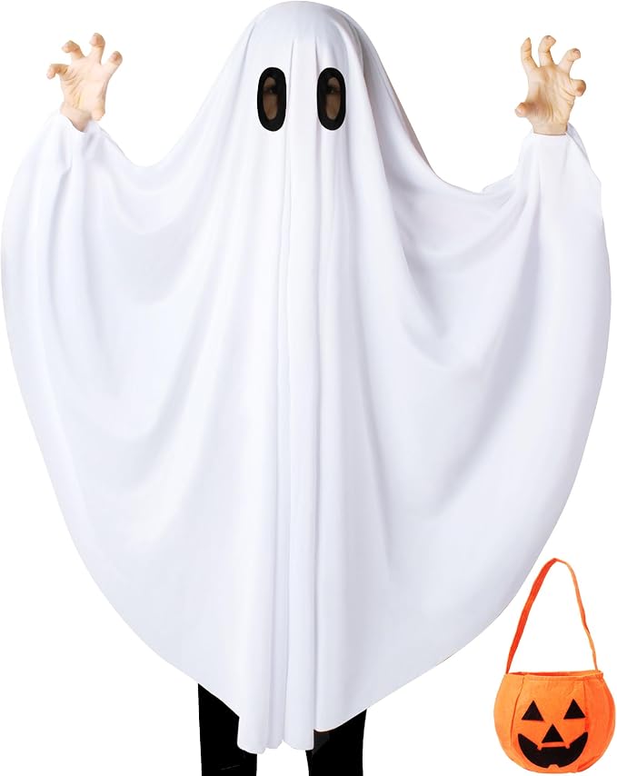 Child wearing a white sheet-style ghost costume with black mesh eye holes, next to an orange jack-o'-lantern trick-or-treat bag.