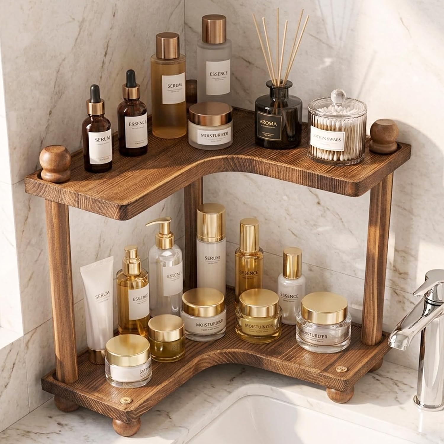Two-tier dark wood corner vanity shelf on a bathroom counter holding serums and skincare bottles.