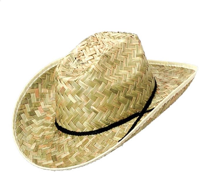 Woven straw cowboy hat with a black cord band.