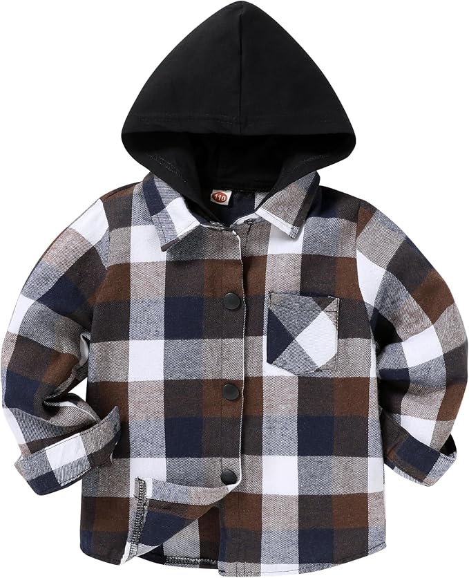 Brown, navy, and cream plaid toddler flannel shirt jacket with a black hood.