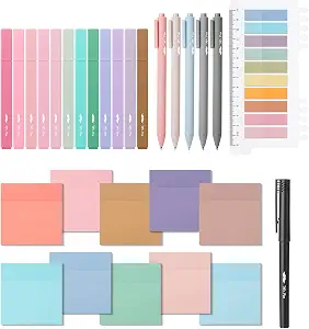 Mr. Pen book annotation kit with pastel highlighters, gel pens, sticky notes, and index tabs.