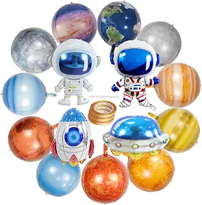 Set of foil planet, astronaut, rocket, and UFO balloons.