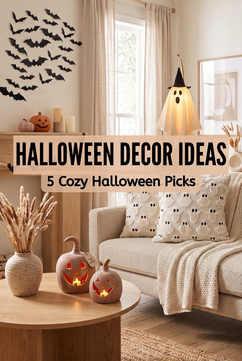 Pin graphic titled 'Halloween Decor Ideas: 5 Cozy Halloween Picks' showing a neutral living room with bat wall stickers, ghost pillow covers, terracotta pumpkins, and a ghost lamp.