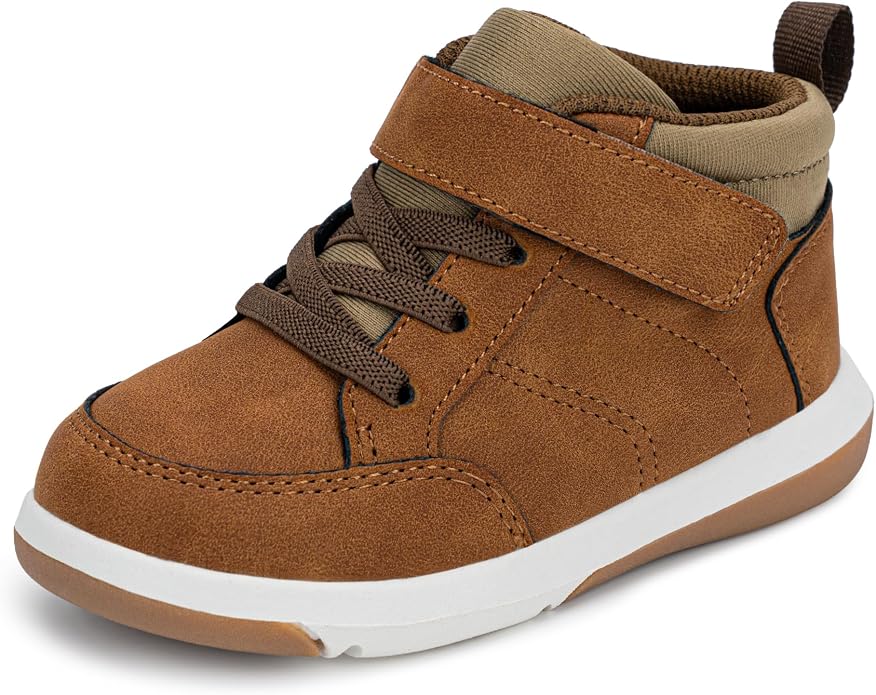 Brown toddler high top sneaker with a hook and loop strap, brown laces, and a white sole.