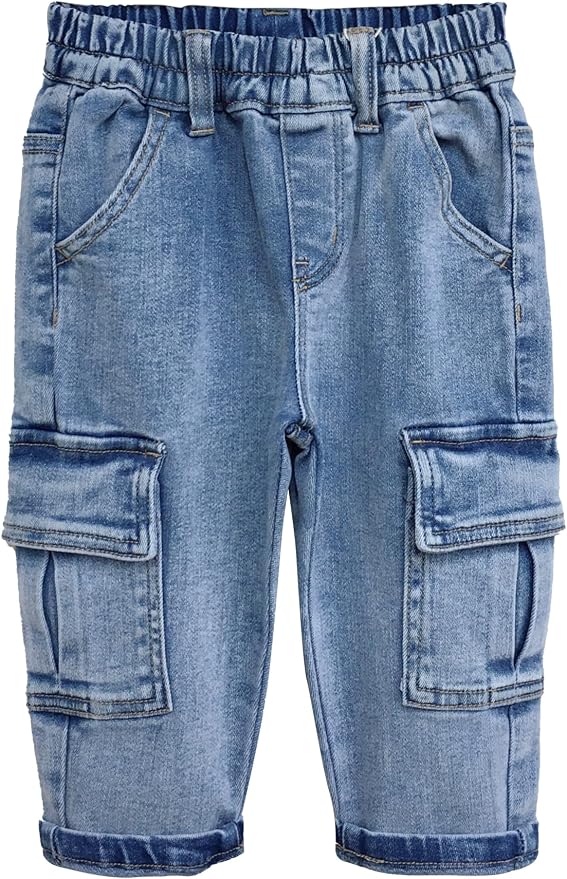 Light wash toddler cargo jogger jeans with an elastic waistband, drawstring, and side cargo pockets.
