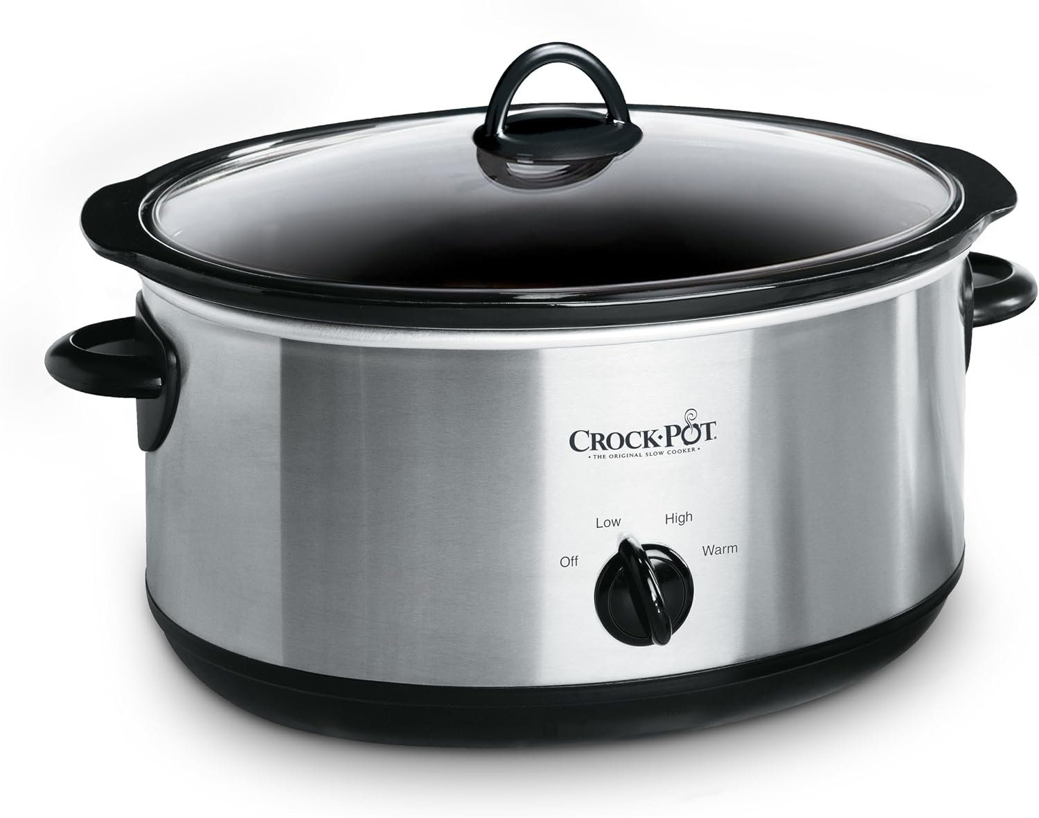 Stainless steel 7-quart Crock-Pot manual slow cooker with a glass lid and a low, high, warm dial.