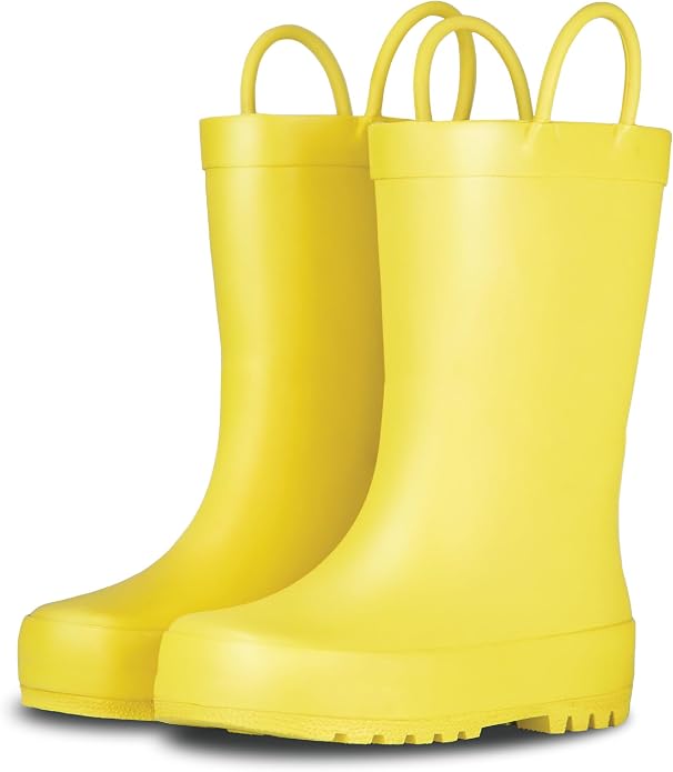 Pair of yellow toddler rain boots with pull-on loops.