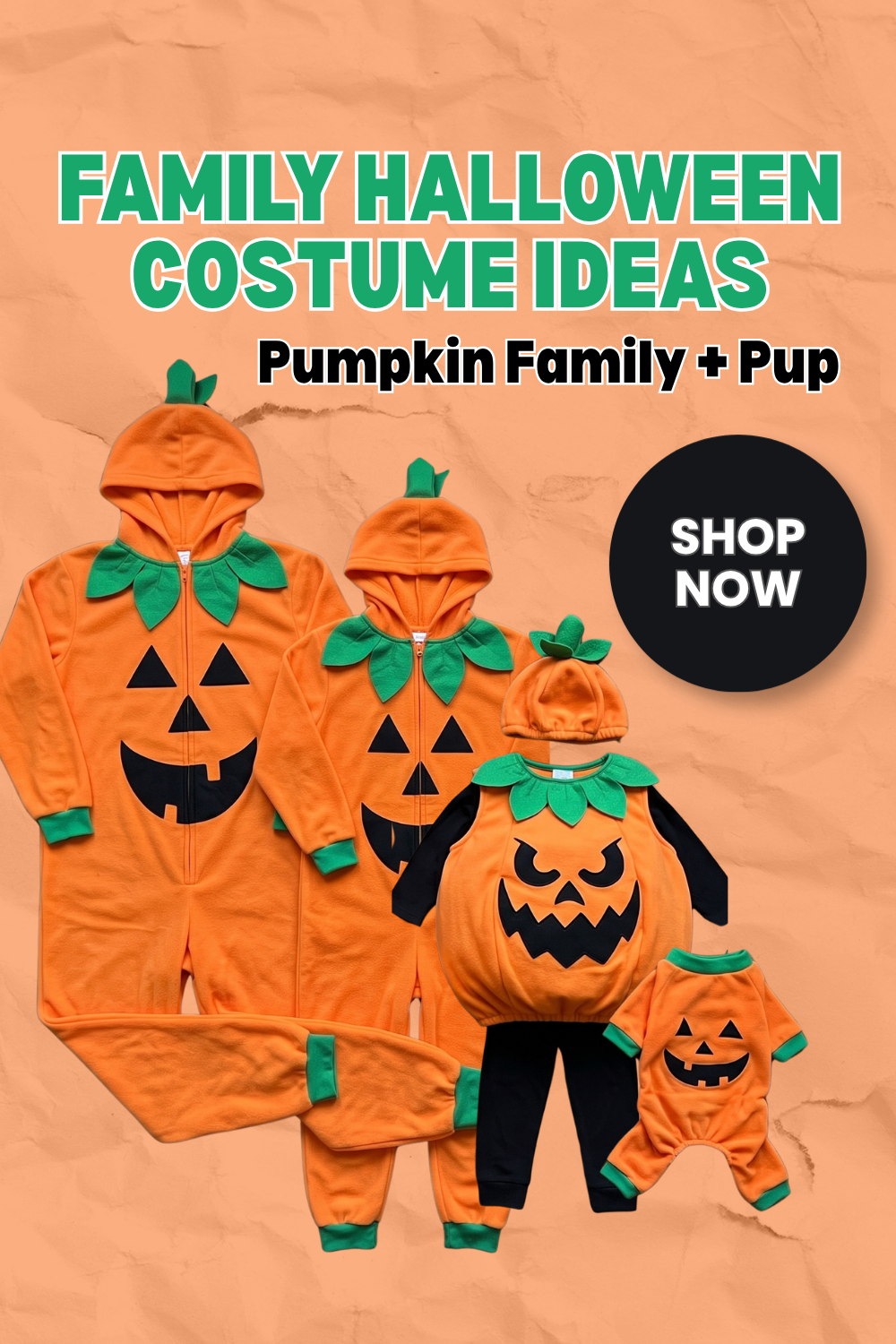 Pin graphic titled 'Family Halloween Costume Ideas: Pumpkin Family + Pup' showing two adult pumpkin onesies, a toddler pumpkin costume with hat, and a pumpkin costume for a dog.