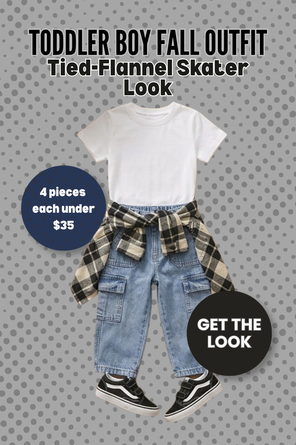Pin graphic titled 'Toddler Boy Fall Outfit: Tied-Flannel Skater Look' showing a soft white tee, black and white plaid flannel tied at the waist, light wash cargo jogger jeans, and black skater sneakers.