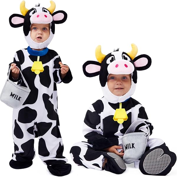 Toddler cow costume jumpsuit with a hood, cow bell, and a small milk bucket.